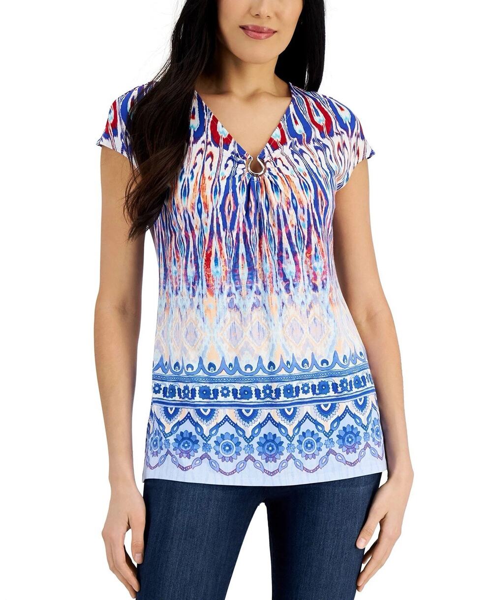 JM Collection Top Medium Ikat Cap Sleeve Stretch Boho